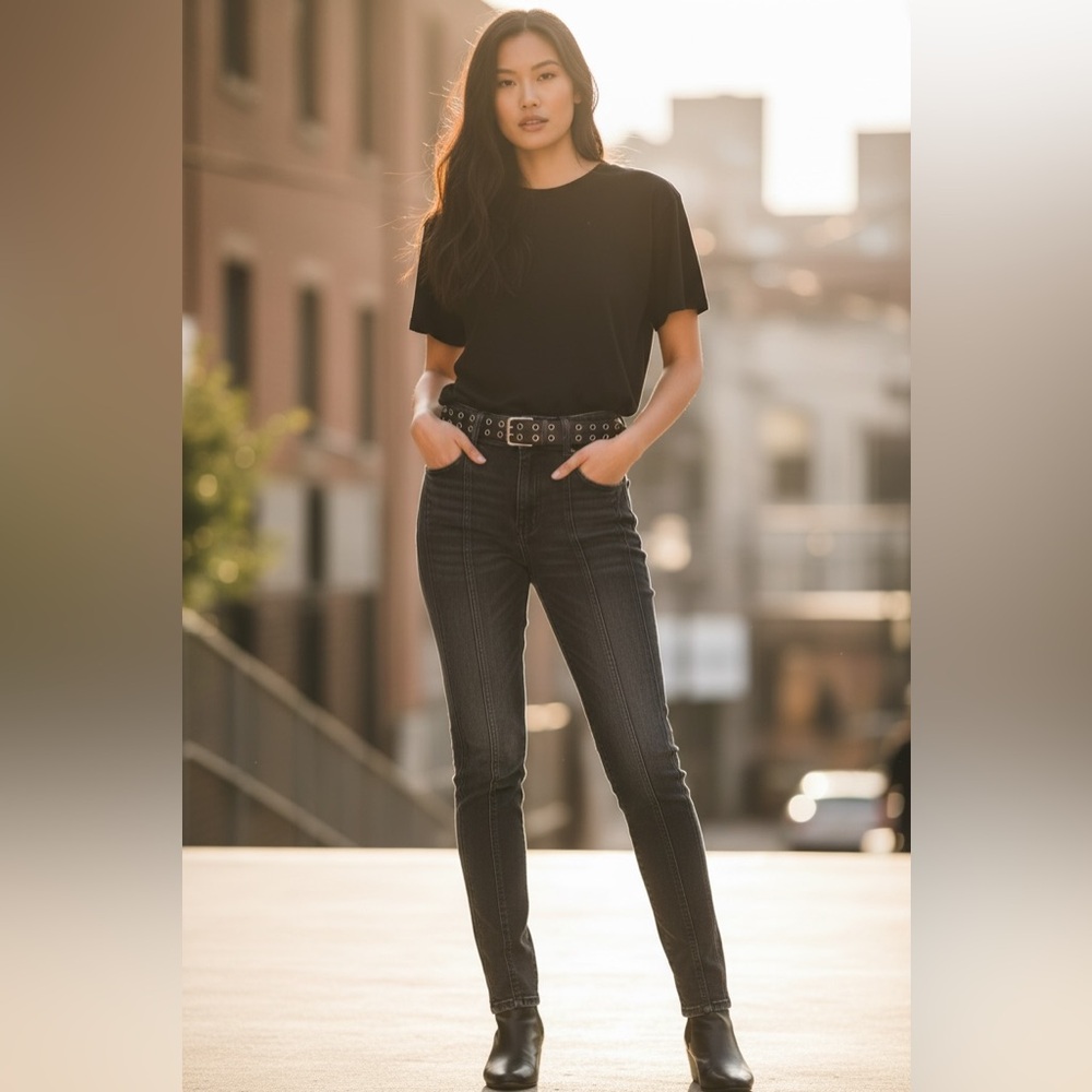 The Kooples Black Skinny High-Rise Jeans with Y2K Style Belt Punk Skater Grunge
